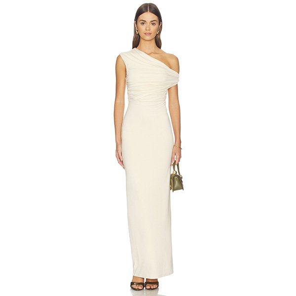 Bodycon Maxi Dress Alessia cream fitted column with side ruching by superdown