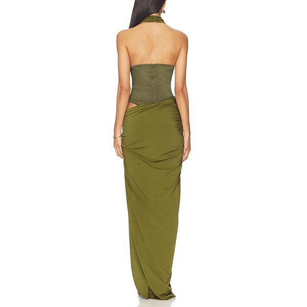 Bodycon Maxi Dress NBD Meena Moss Green back view with halter straps and hidden zip