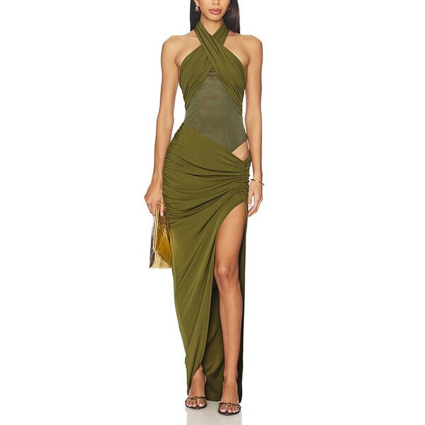 Bodycon Maxi Dress NBD Meena Moss Green crossed halter with mesh midriff and slit