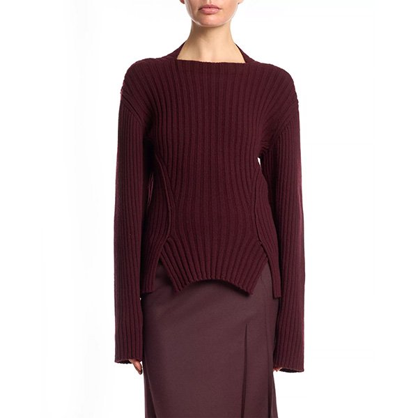 Cashmere Sweater Victoria Beckham acai ribbed front view with crewneck and asymmetric split hem