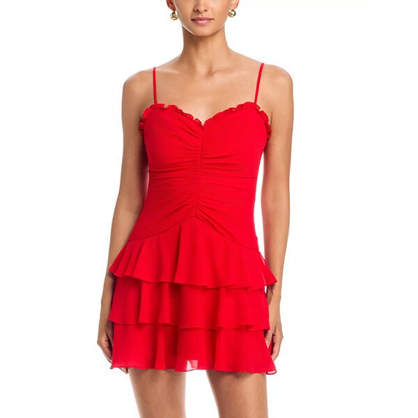 Chiffon Mini Dress AQUA modern red pebbled fabric with ruffle sweetheart neck and tiered skirt