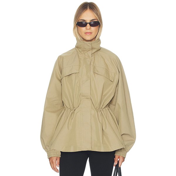 Cinched Waist Jacket khaki front view with gathered cuffs and funnel collar by ALL THE WAYS
