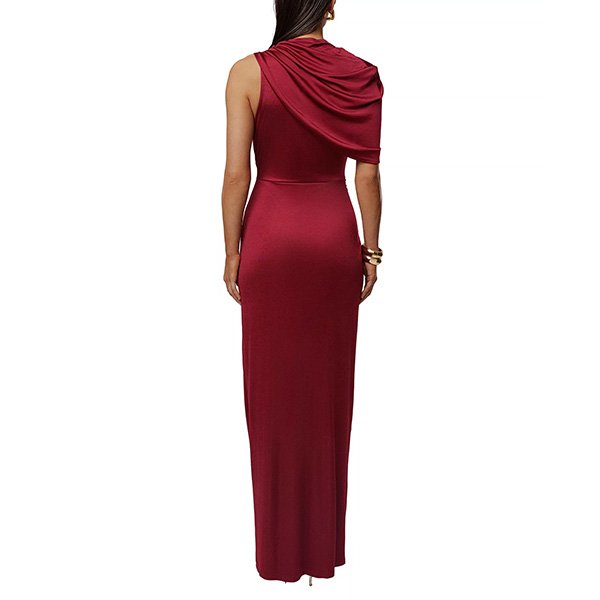 Cutout Maxi Dress burgundy back view with asymmetric draped shoulder by JLUXLABEL