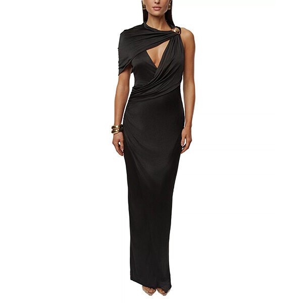 Cutout Maxi Dress JLUXLABEL black with V-cutout, draped shoulder and gold hardware