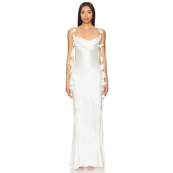 Floral Maxi Dress NBD Inaya cream ivory with floral strap details and column silhouette
