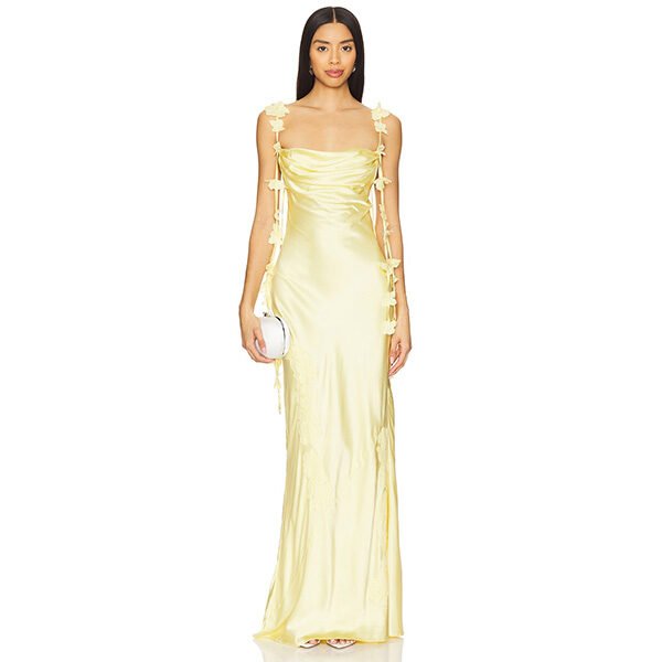 Floral Maxi Dress NBD Inaya butter yellow with cascading floral appliques and draped satin
