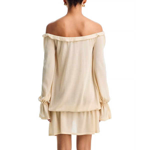 Long Sleeve Mini Dress Cryo Buttercream back view with off-shoulder ruffle neckline by AYA MUSE
