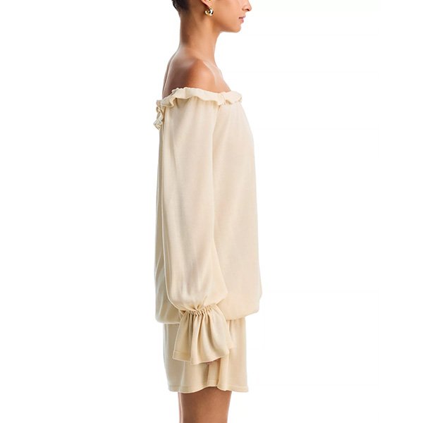 Long Sleeve Mini Dress Cryo Buttercream side view with voluminous fluted cuffs by AYA MUSE