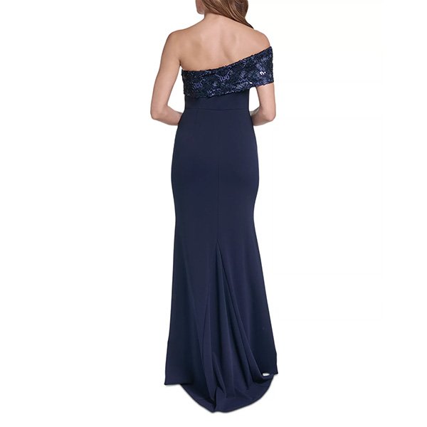 Navy Evening Gown Eliza J back view with godet sweep and sequin floral one shoulder neck