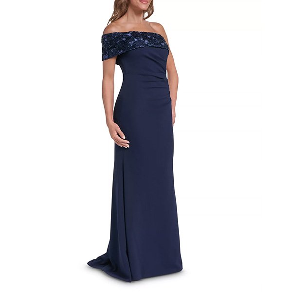 Navy Evening Gown side view with off-shoulder sleeve and pleated waist by Eliza J