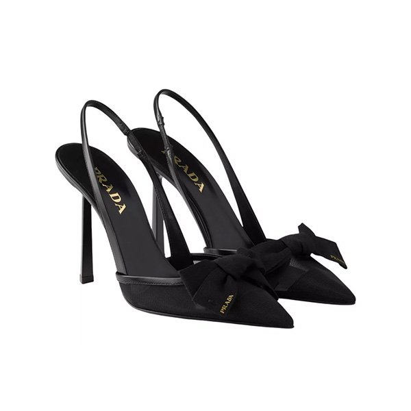 Pointed Toe Pumps Prada black mesh with grosgrain bow and 100mm stiletto heel