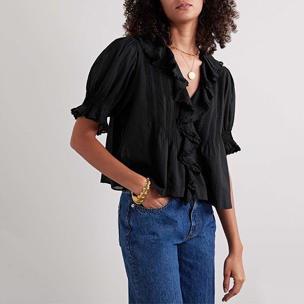 Puff Sleeve Blouse DÔEN Henri black styled with straight-leg jeans and layered gold necklaces