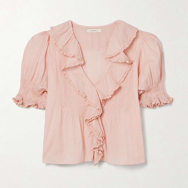 Puff Sleeve Blouse DÔEN Henri blush with V-neck lace trim and puff sleeves