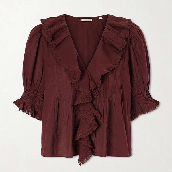 Puff Sleeve Blouse DÔEN Henri merlot organic cotton with smocked sleeves and lace ruffles flat lay