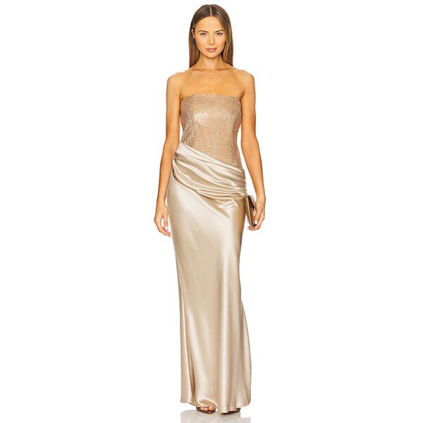 Rhinestone Dress Retrofete Latte front view with sequinned bandeau and column drape