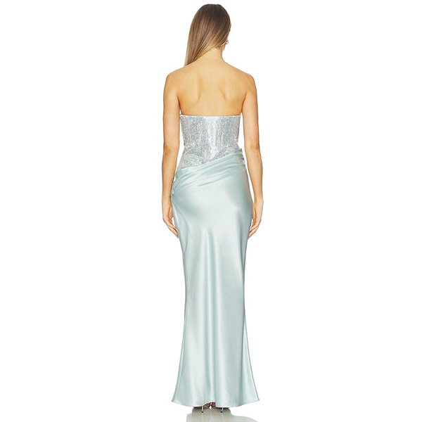 Rhinestone Dress Retrofete Seychelles back view with embellished bodice and draped satin skirt