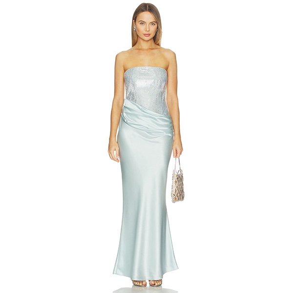 Rhinestone Dress Retrofete Seychelles front view with rhinestone bodice and satin fold