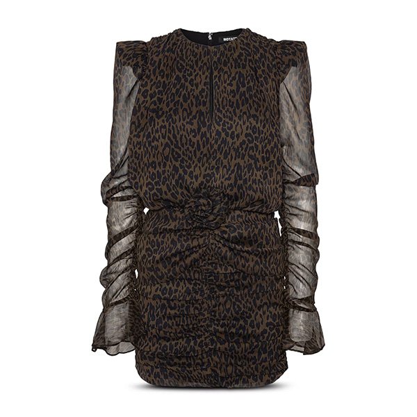 Ruched Mini Dress ROTATE flat lay showing leopard print, sheer sleeves and back zip