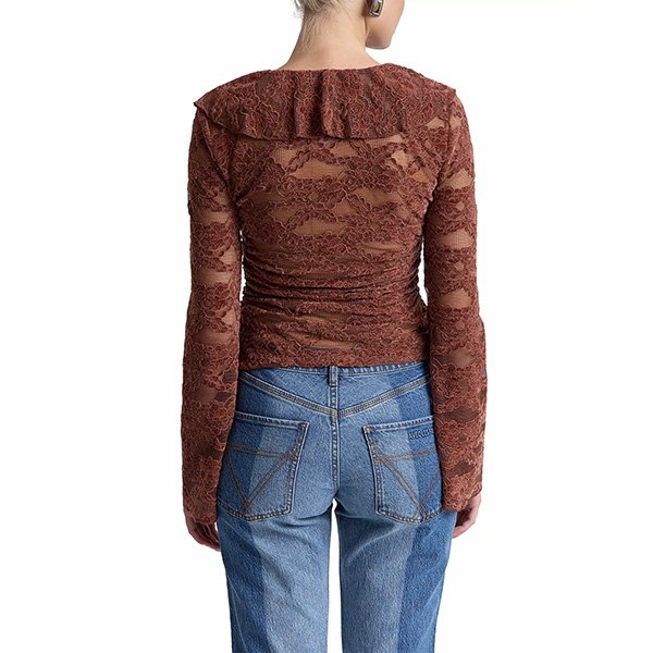 Ruffle Top Avec Les Filles russet back view showing sheer chenille lace texture and fitted silhouette