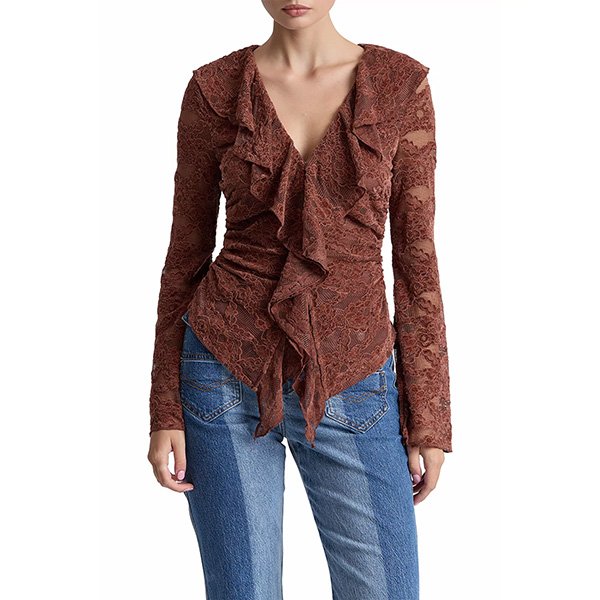 Ruffle Top Avec Les Filles russet front view with V-neck ruffles and side ruching