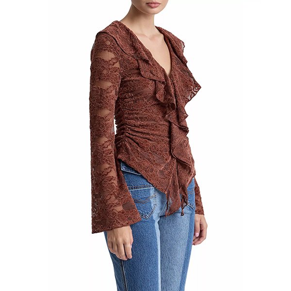 Ruffle Top Avec Les Filles russet chenille side profile with cascading ruffles and flared cuffs