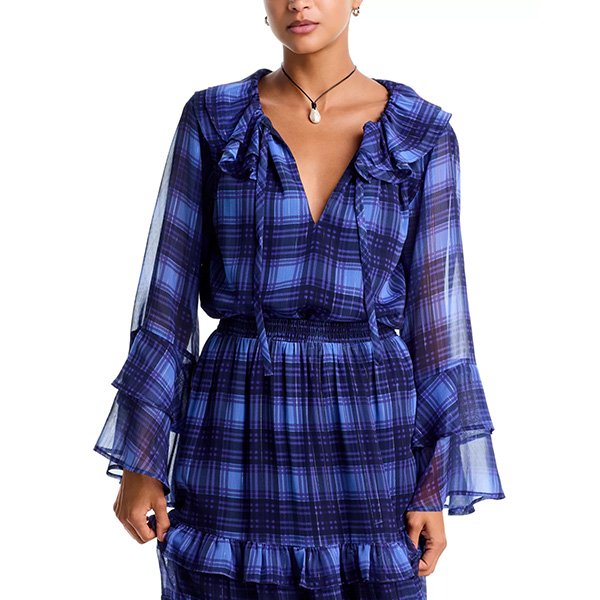 Ruffled Blouse tie neck V-neckline with sheer tiered bell sleeves close-up by AQUA