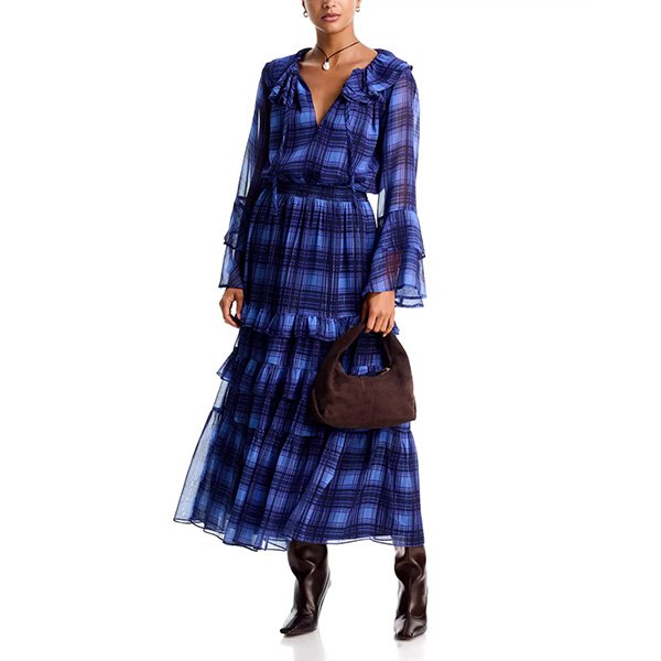 Ruffled Blouse - Plaid Tie Neck | AQUA