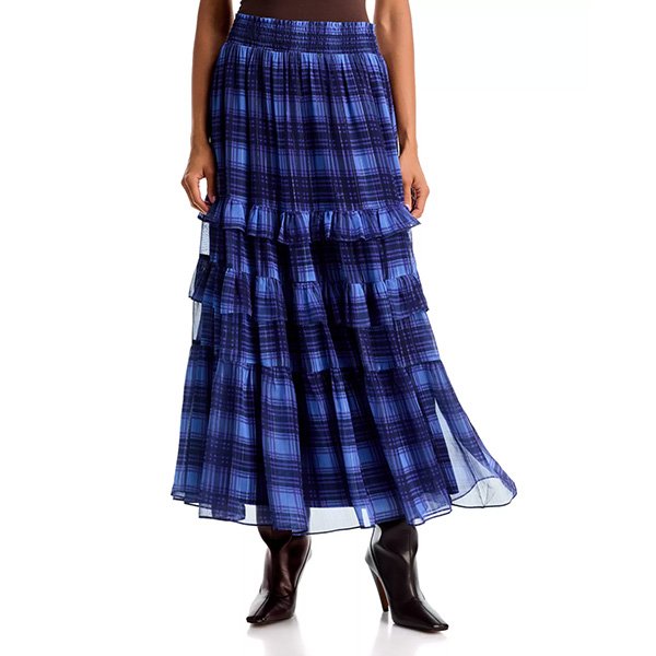 Ruffled Blouse complete the co-ord with matching blue plaid tiered ruffle midi skirt by AQUA