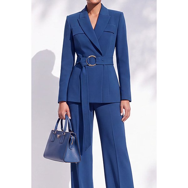 Satin Suit ZAPAKA Berlin Blue full body look with long sleeves and tailored pants