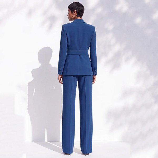 Satin Suit ZAPAKA Berlin Blue side view showing belted satin jacket and sleek pants