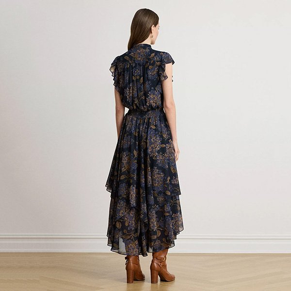 Tie Neck Dress back view smocked waist and handkerchief hem by Lauren Ralph Lauren