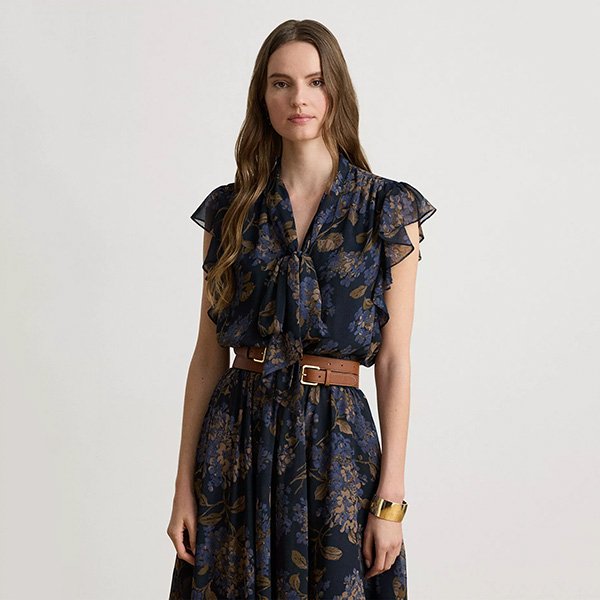 Tie Neck Dress self-tie bow neckline and flutter sleeves close-up navy floral