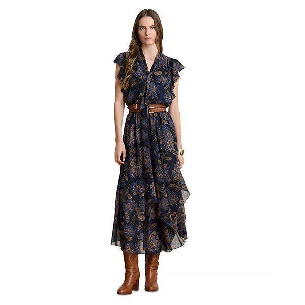 Tie Neck Dress Lauren Ralph Lauren navy hydrangea floral with brown belt and boots full length