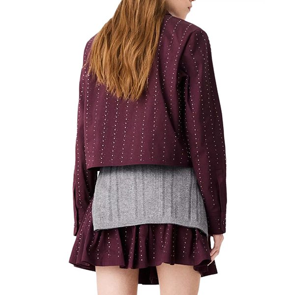 Two Piece Set Maje burgundy back view with grey knit styled at waist