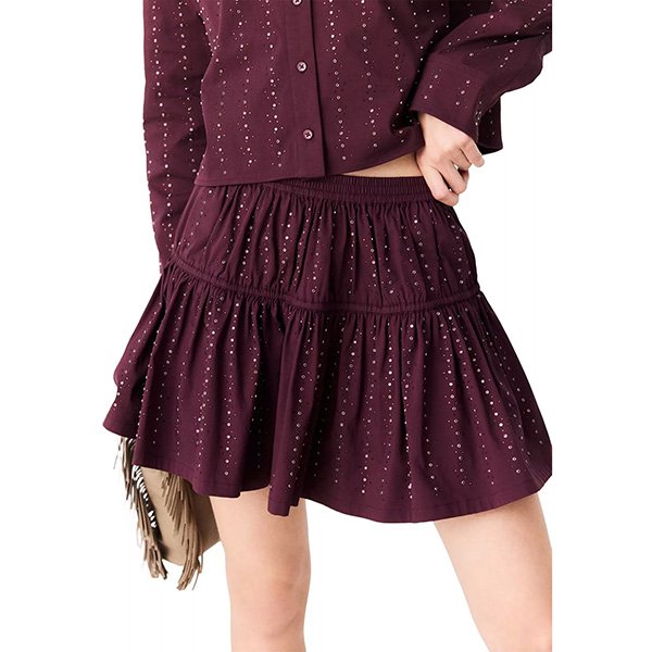 Two Piece Set Maje tiered rhinestone mini skirt close-up with elastic waist