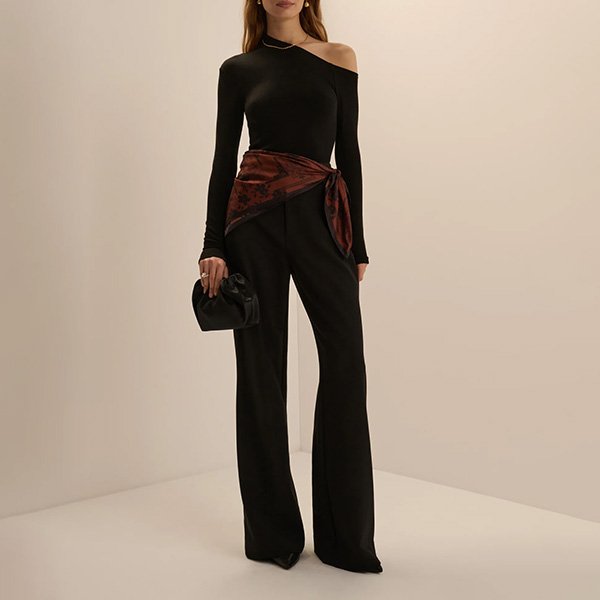 Asymmetric Top Favorite Daughter The Good Time Top black front view styled with silk waist scarf and wide-leg trousers