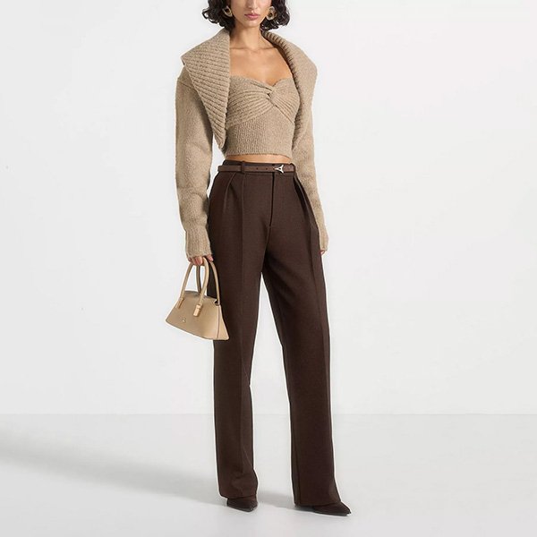 Bandeau Top Manière De Voir Emya 2-in-1 taupe set layered with shawl shrug over chocolate trousers