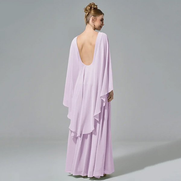 Cape Sleeve Dress AW Boris lilac back view with plunging scoop open back and flowing cape panels