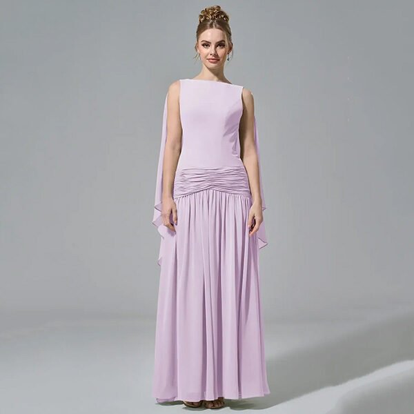 Cape Sleeve Dress AW Boris lilac front view with bateau neckline and ruched waist
