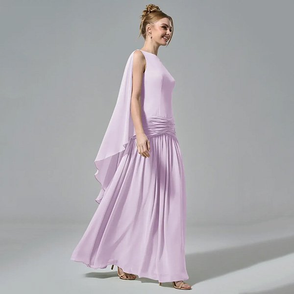 Cape Sleeve Dress AW Boris lilac side view showing cape sleeve in motion and A-line floor hem