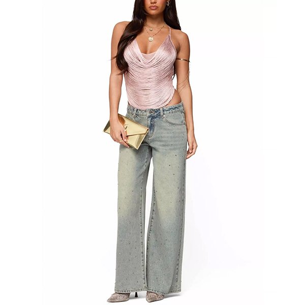 Cowl Neck Top Edikted Elenie Light Pink full view with fringed texture, crystal jeans and gold clutch