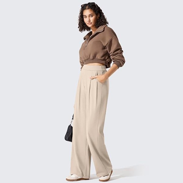 Dress Pants G4Free ShiftReady light khaki wide leg styled with cropped brown half-zip and sneakers