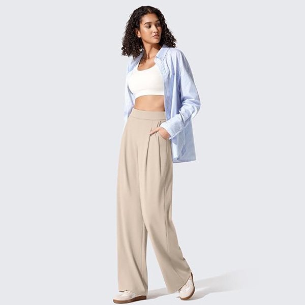 Dress Pants G4Free light khaki pleated wide leg styled with striped shirt and white bralette