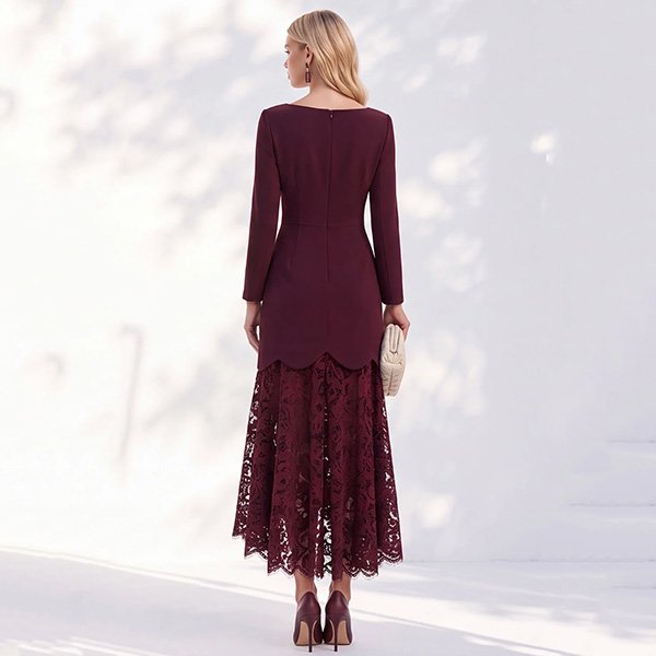 Lace Midi Dress Zapaka burgundy rear view with tailored sleeves, scalloped hem and floral high-low lace