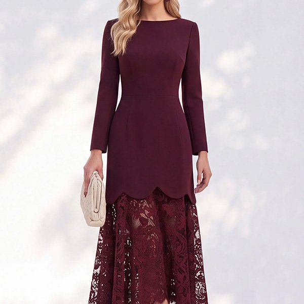 Lace Midi Dress Zapaka burgundy close-up of satin bodice meeting scalloped floral lace hem