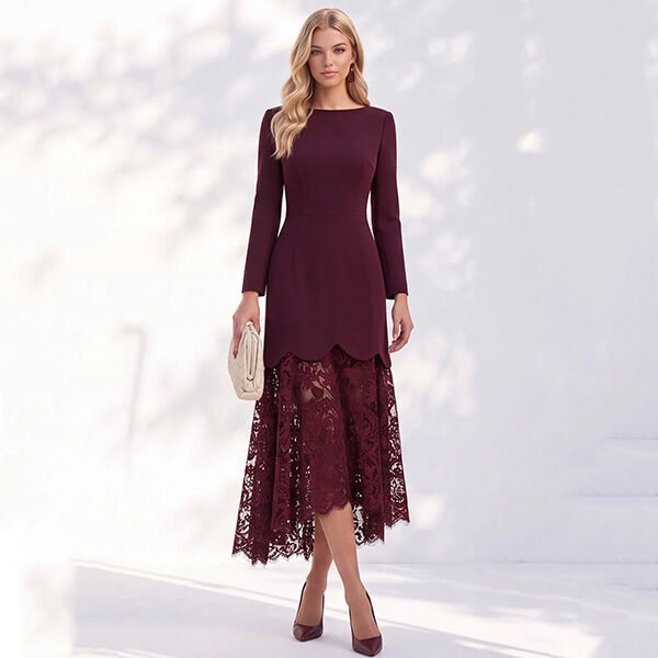Lace Midi Dress Zapaka burgundy full front view bateau neck sheath with asymmetric lace skirt