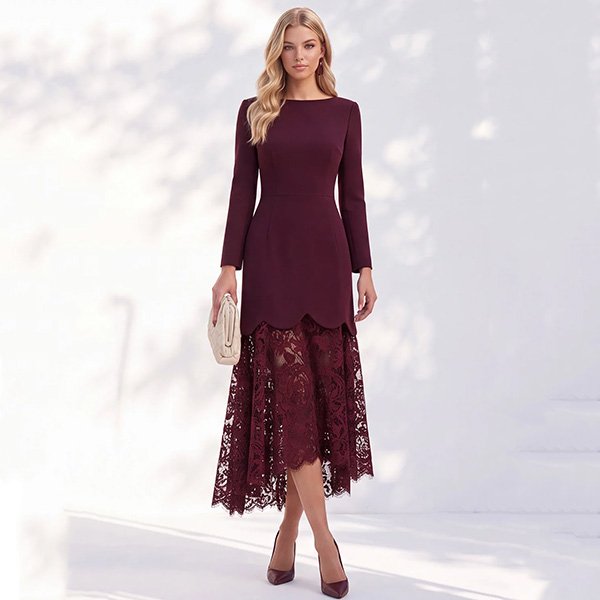 Lace Midi Dress - Burgundy Sheath High-Low