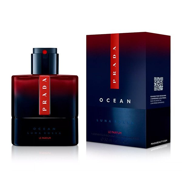 Men's Fragrance Prada Luna Rossa Ocean Le Parfum 1.6 oz refillable bottle beside packaging