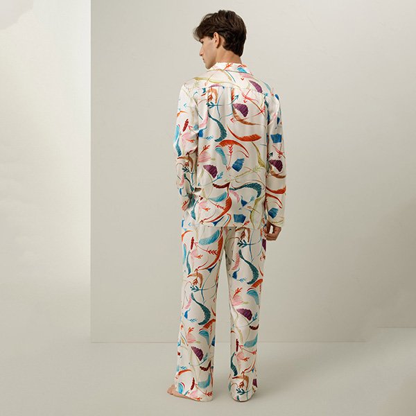 Men's Silk Pajamas LILYSILK Sagittarius back view showing abstract zodiac print on silk charmeuse