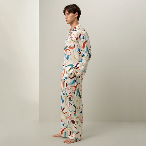 Men's Silk Pajamas LILYSILK Sagittarius side view with colorful zodiac brushstroke print on silk charmeuse